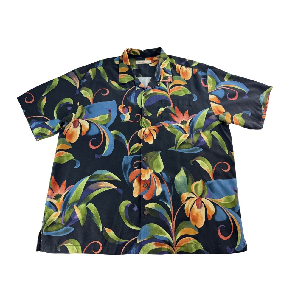 Tommy Bahama Mens XL-XXL Black Floral Heavy Silk Short Sleeve Button Baggy Shirt